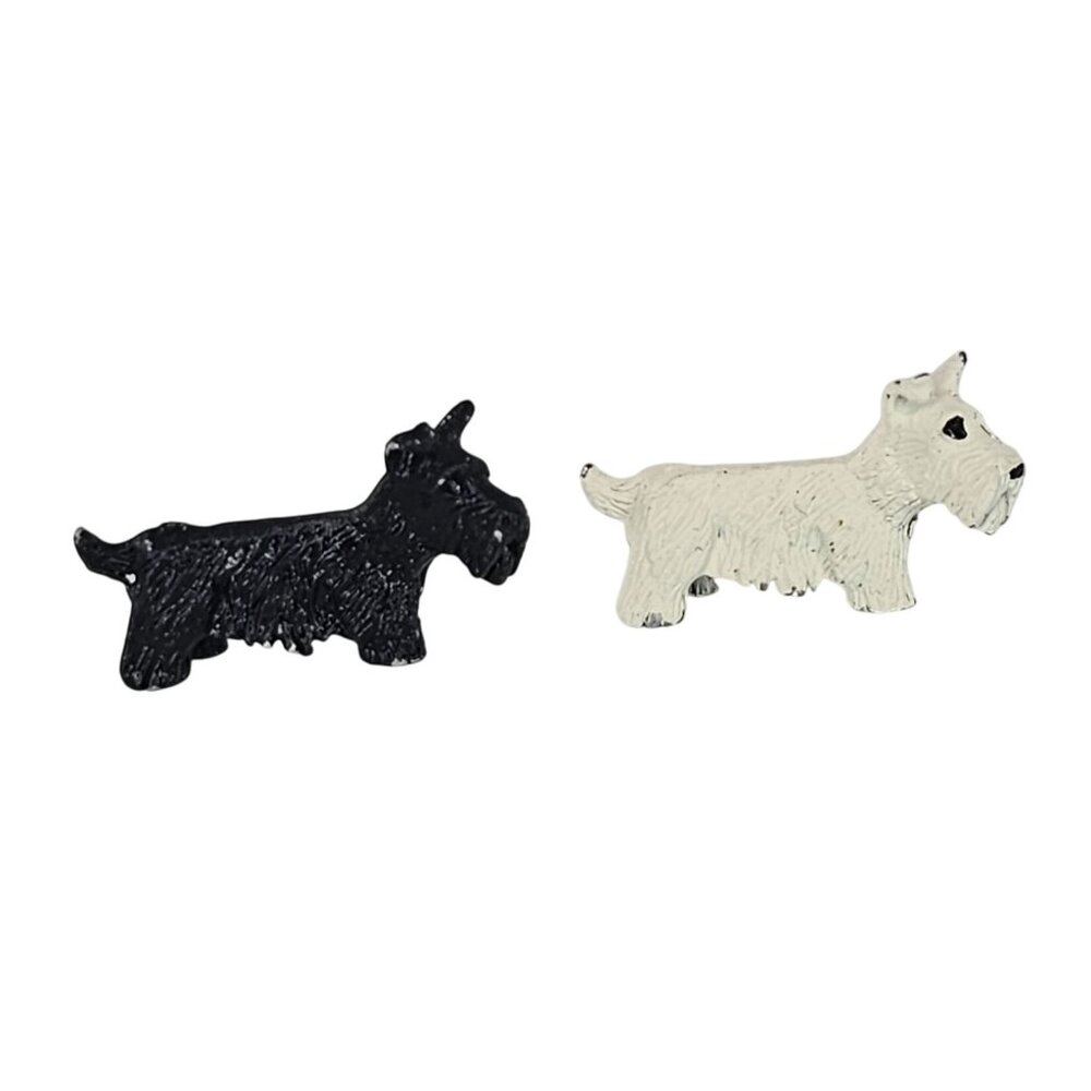 Miniature Scottie Dog Figurines Set Black & White Metal Tiny Scottish Terrier